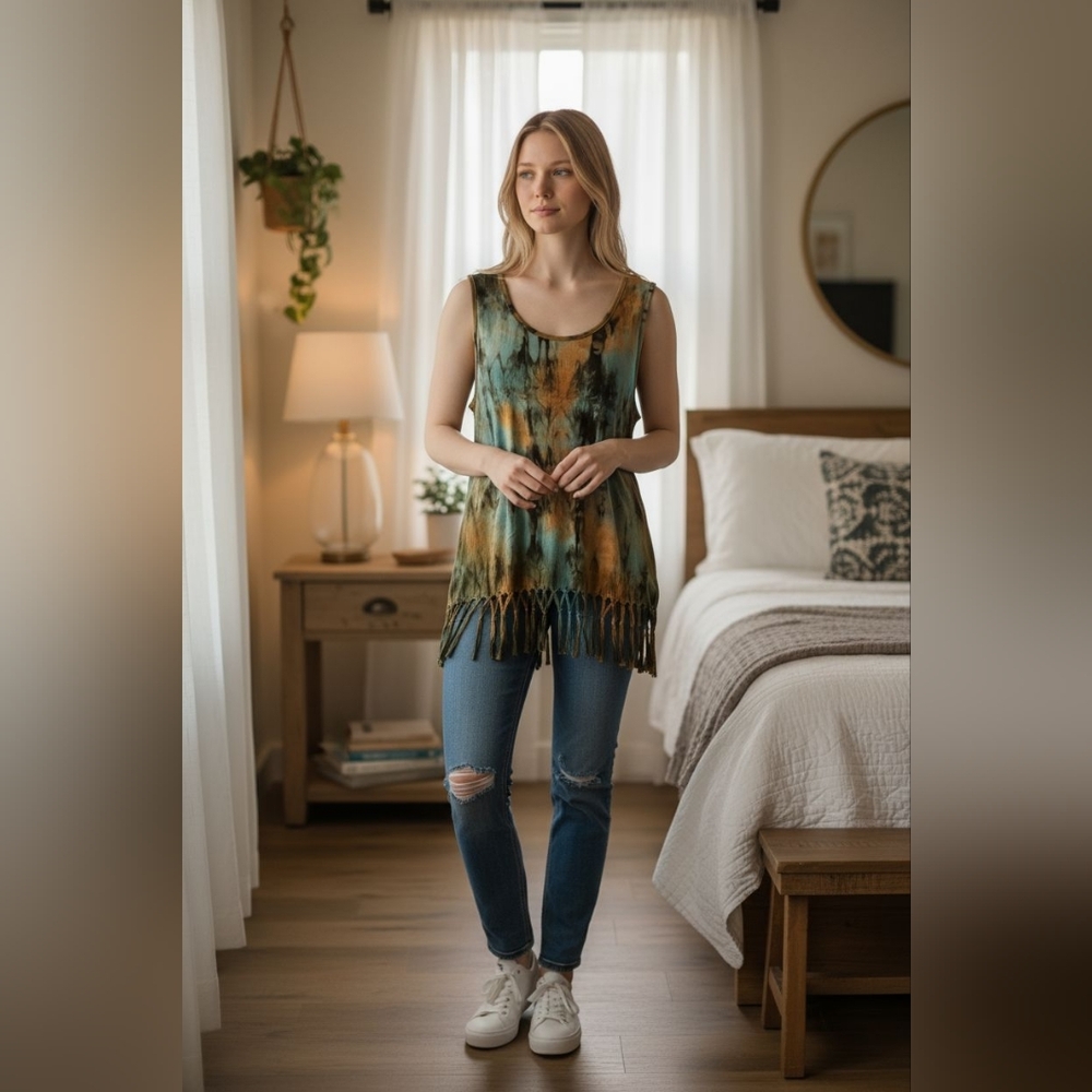 Indigo Thread Co Tie-Dye Fringe Tank Top Sz Sm